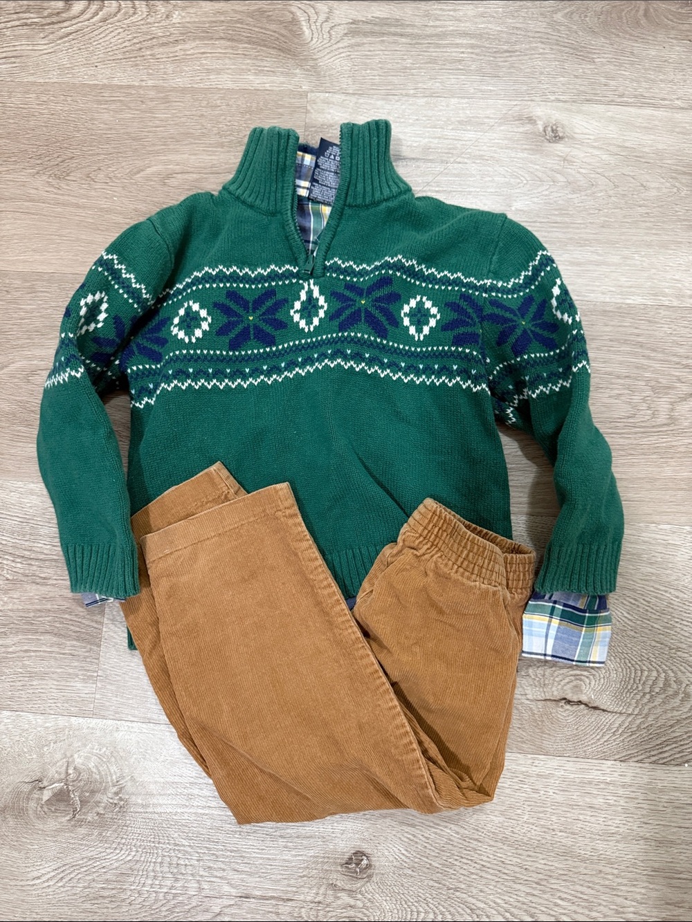 Boy’s 3T Green Fair Isle Zip-Up Sweater Set with Brown Corduroy Pants